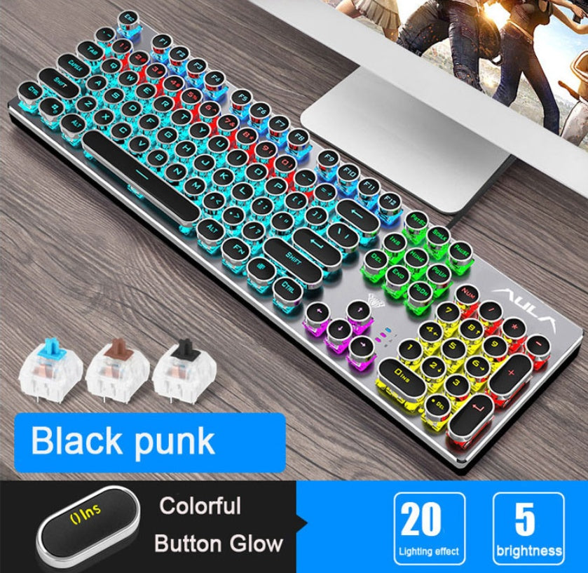 Steampunk Mechanical Gaming Keyboard | 104 Keys | Green Switch | Metal Panel | Gold-Plated Keycaps | USB | Black Blue & White Blue