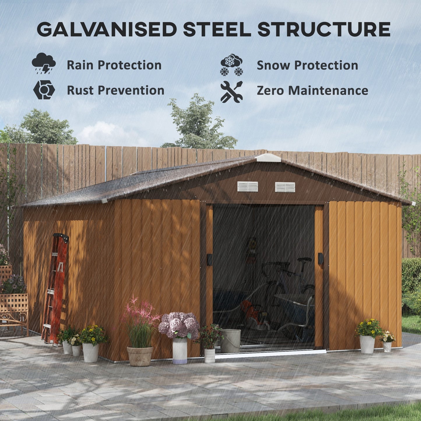 Garden Metal Storage Shed | Double Locking Doors, Outdoor Utility Shed for Bikes & Yard Tools, Brown