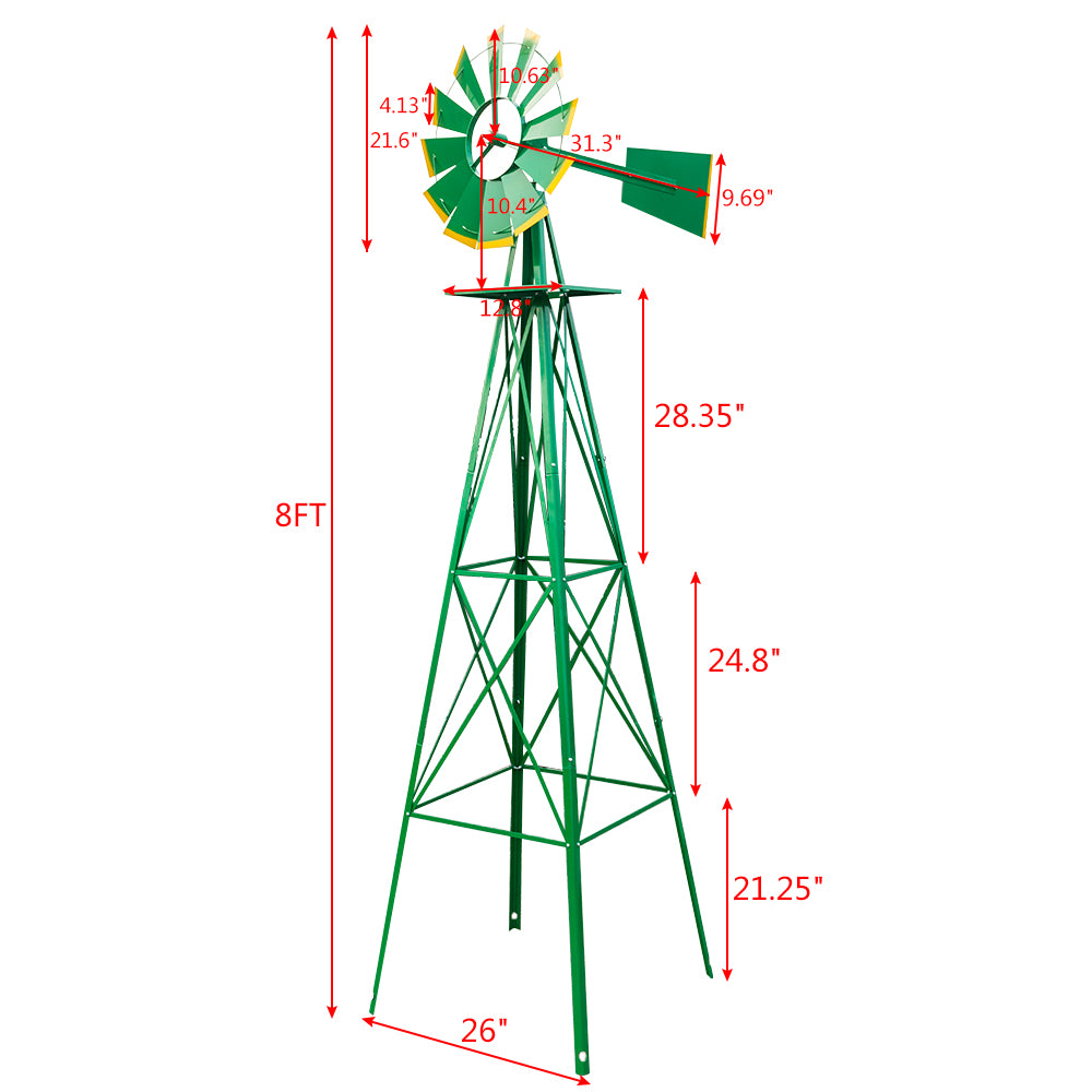 8ft Decorative Garden Windmill | 22" Wind Wheel, Ball Bearing, Weather-Resistant Steel, Green
