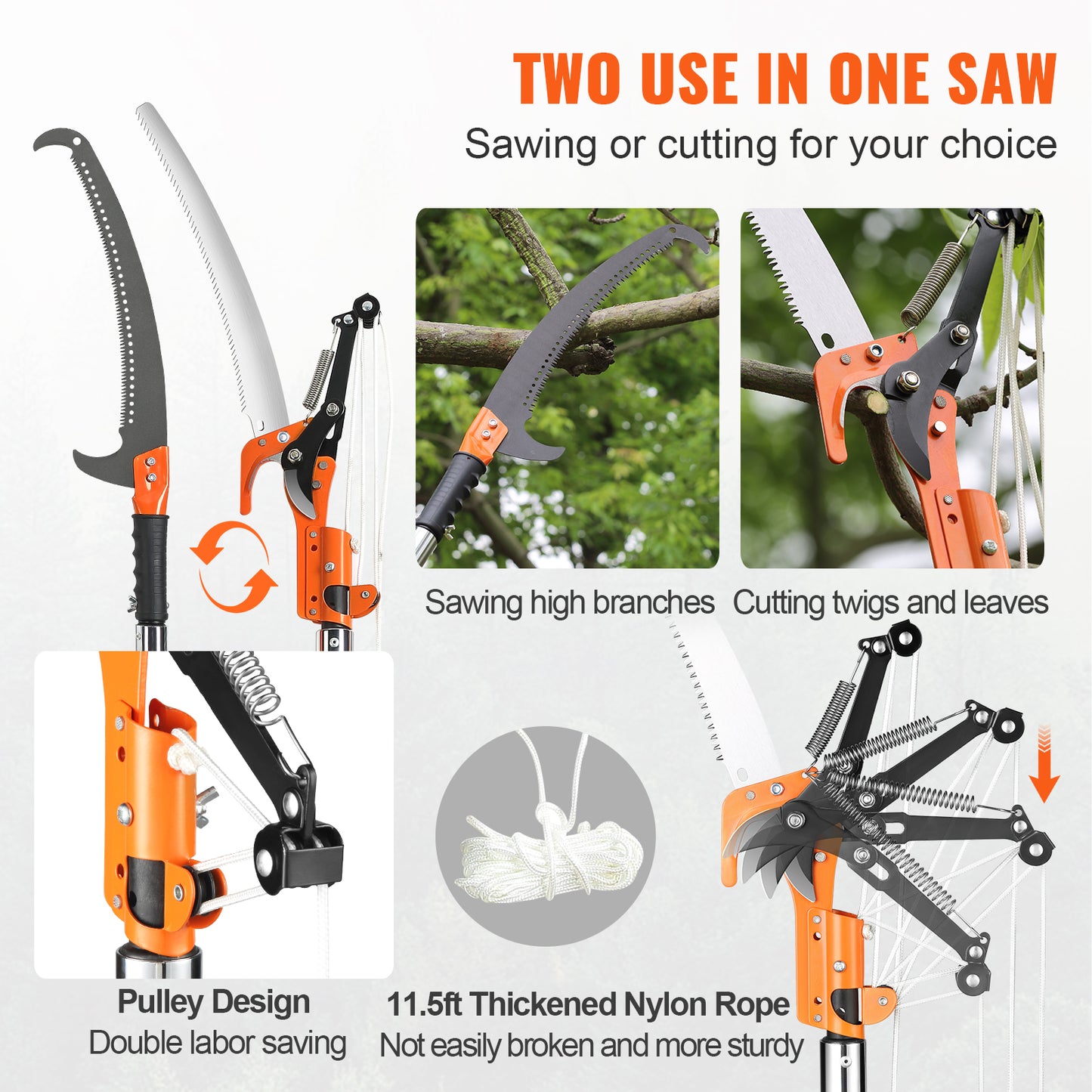 VEVOR 7.3-27 Ft Extendable Manual Pole Saw | Steel Blade & Scissors, 8 Fiberglass Handles, Tree Pruner