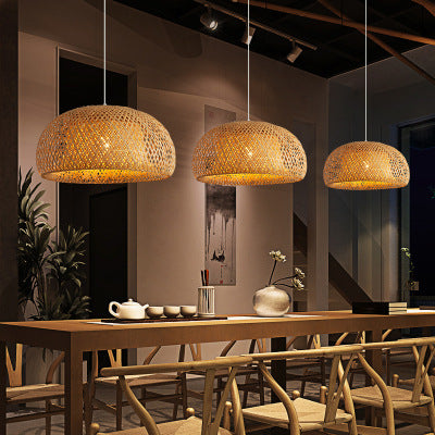 Natural Bamboo Woven E27 Pendant Chandelier | 180×300mm | Universal Voltage | Warm White LED Included | Japanese Wabi-Sabi Style | Restaurant, Tea Room & Home | Brown