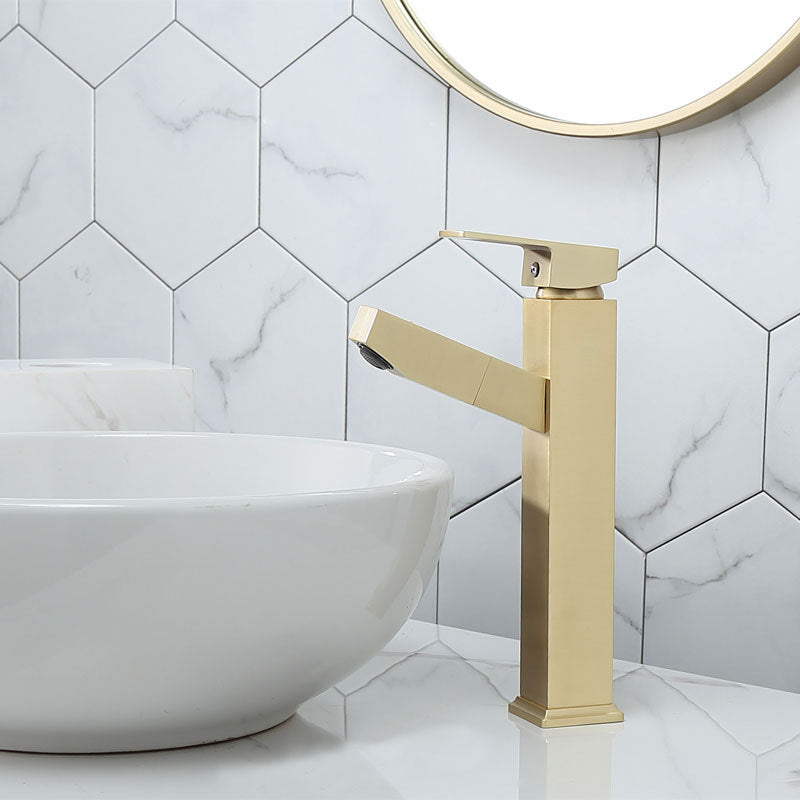 Nordic Brass Brushed Gold Pull-Out Faucet | Hot & Cold, Square Design, High & Low Spout, Golden