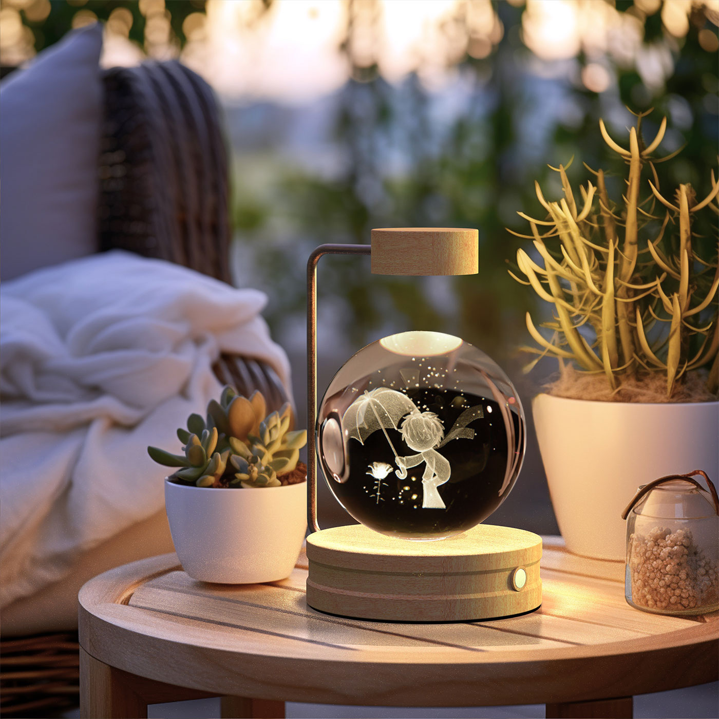 3D Crystal Glass LED Night Light | Touch Switch | USB Rechargeable | Walnut Wood Base | 27 Designs | Dark & Light Wood | Bedroom, Gift & Home Decor