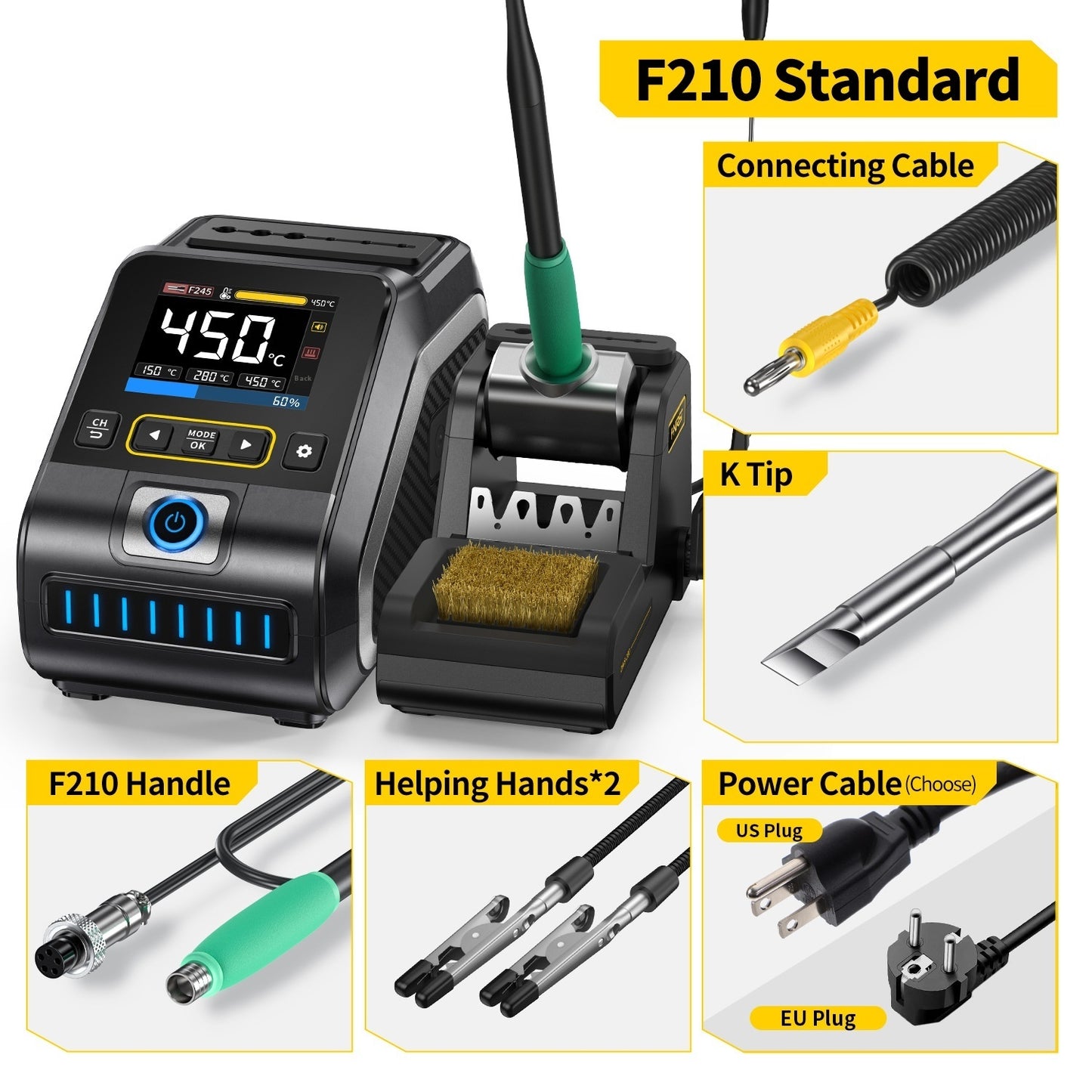 Intelligent Constant Temperature Soldering Station | 110-250V, F210/F245 Tips, Multi-Head, US/EU/CN Plug