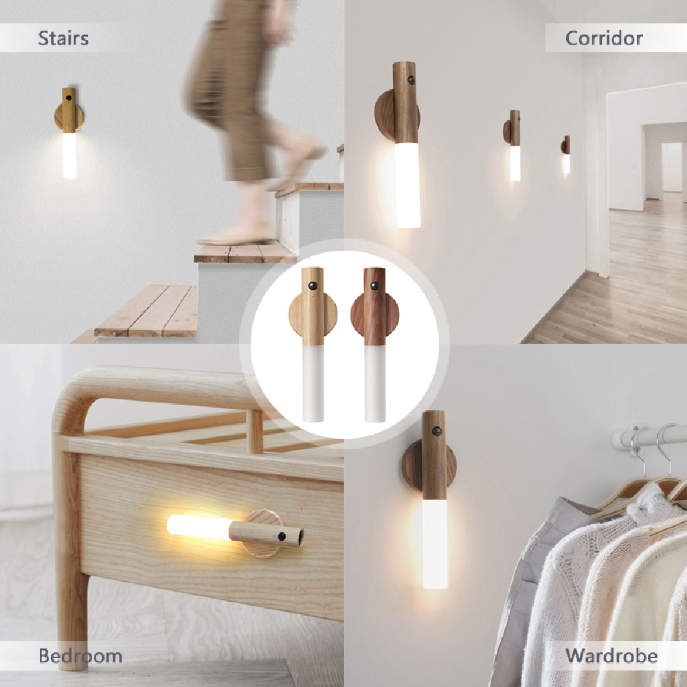 PIR Motion Sensor LED Night Light | Magnetic Wood Base | USB Rechargeable | 4m Detection | Warm White | Ash & Walnut