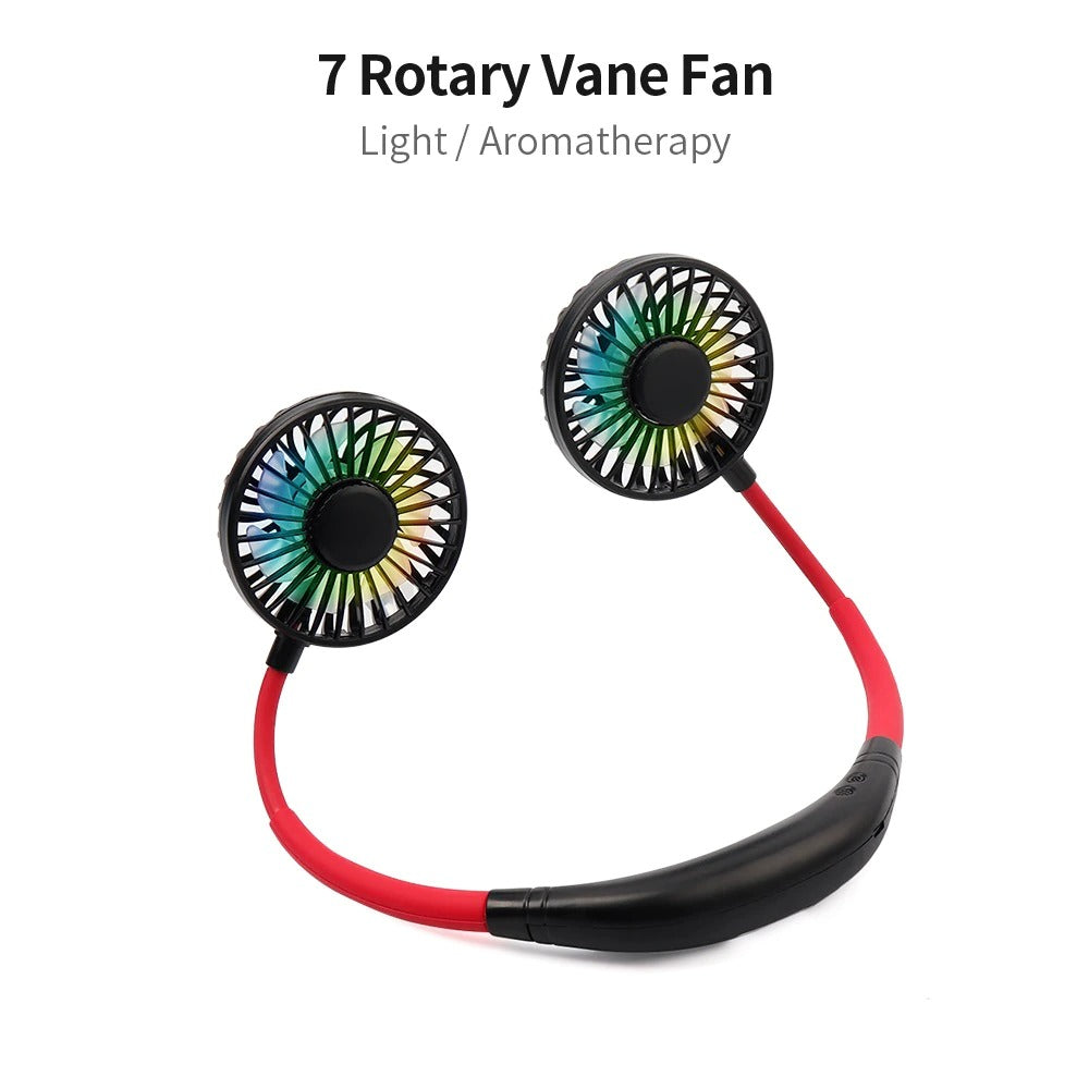 Portable Neck Fan | 2,000mAh | USB Rechargeable | 3 Speeds | 7-Blade Double Head | 360° Adjustable | 5hr Battery | LED Light | Desktop & Neck Use | Sports, Office & Outdoor
