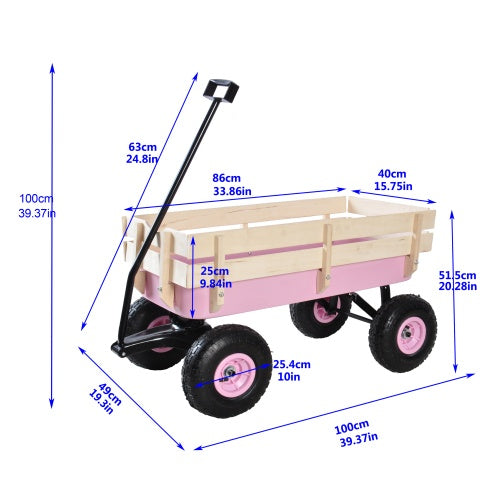 All-Terrain Garden Wagon Cart | 176 lbs, Wood Railing, 10" Air Tires, Foldable Handle, Blue/Pink/Red