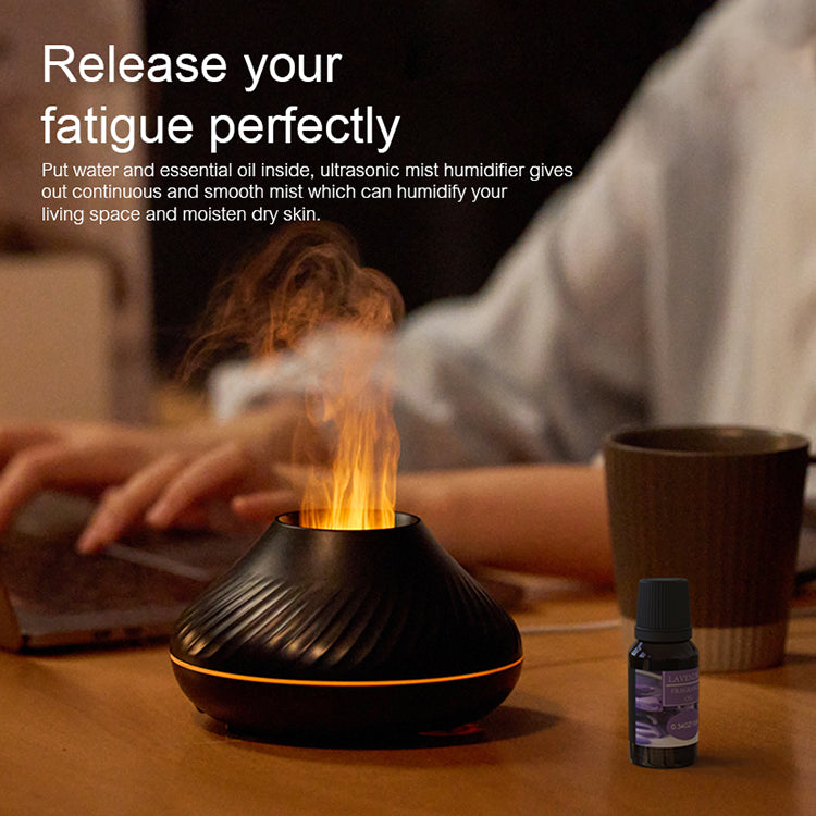 Flame Effect Aromatherapy Humidifier & Essential Oil Diffuser | 130ml | RGB Night Light | 6–9hr | 15–20ml/h | Type-C USB | Auto Shut-Off | CE RoHS FCC | Black & White