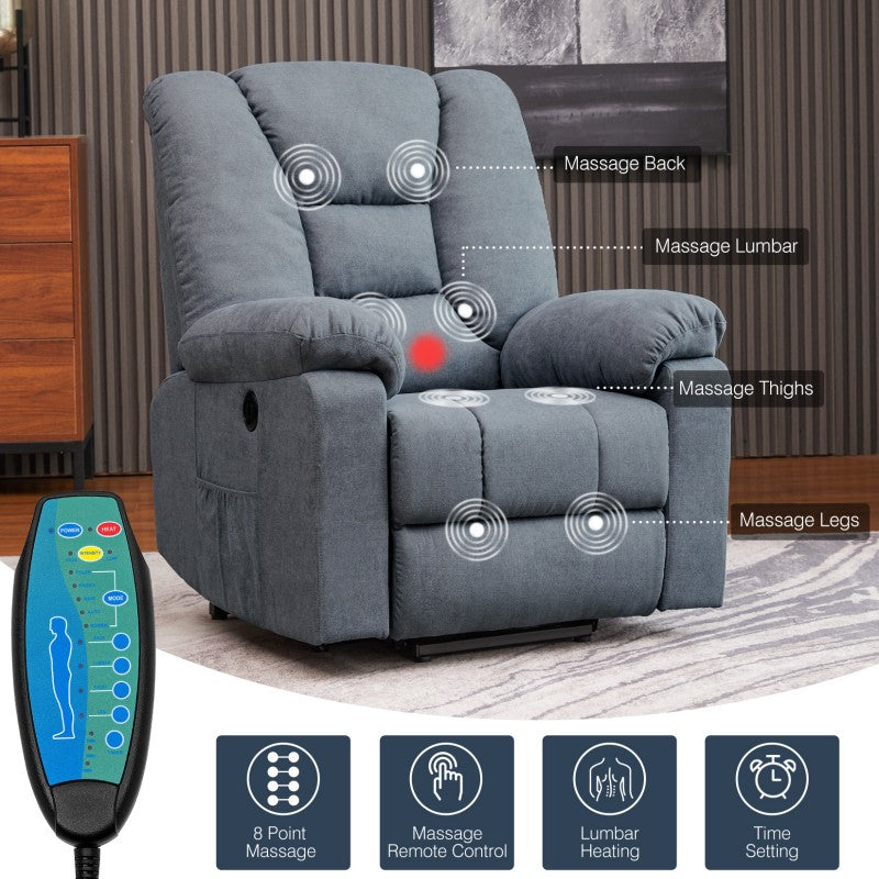 Electric Recliner Sofa Chair with 8-Point Massage, Shake & USB | Fabric, Wooden Frame, Blue, 8 Configurations
