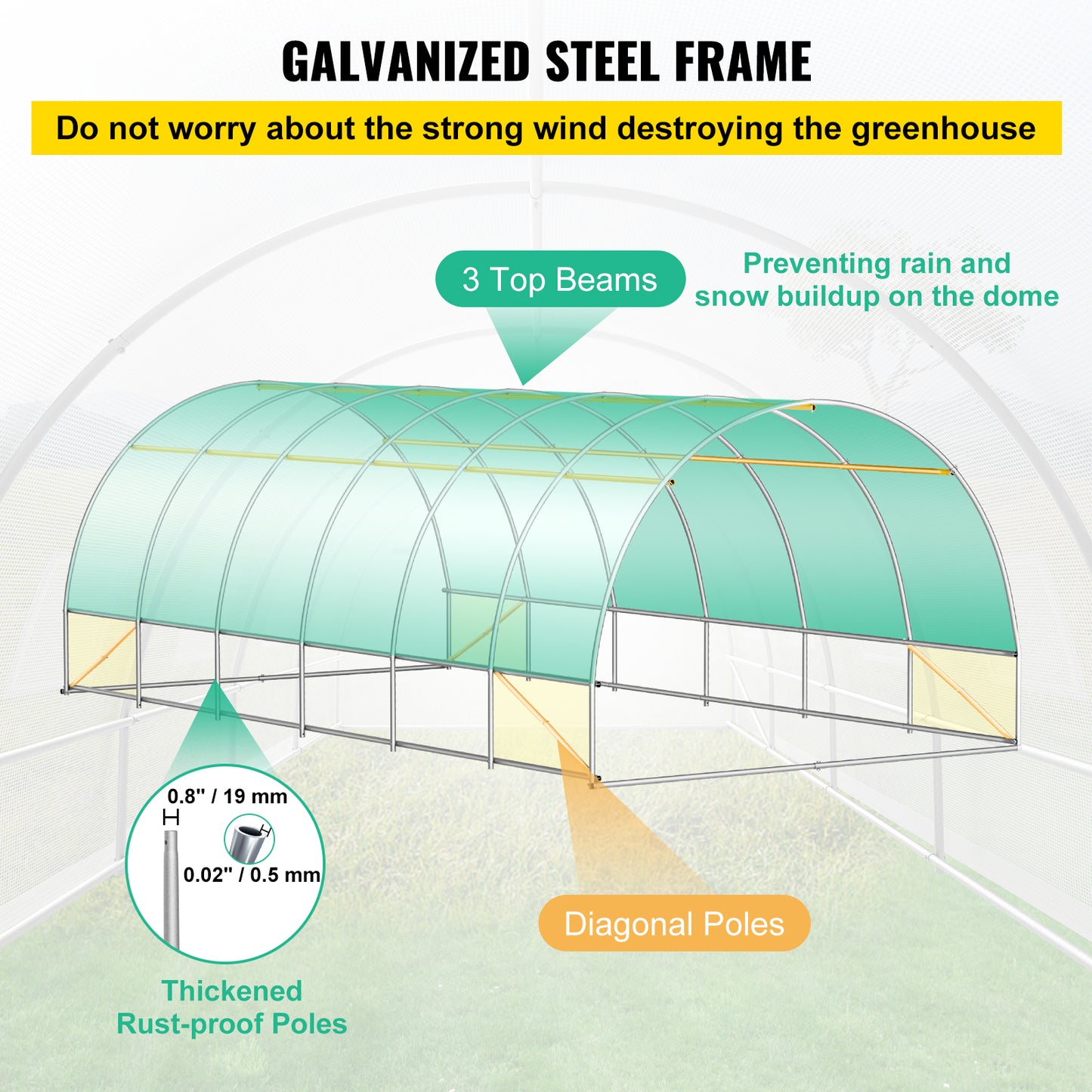 VEVOR 20'×10'×7' Walk-In Tunnel Greenhouse | Galvanized Steel, 12 Roll-Up Windows, 2 Zippered Doors, White