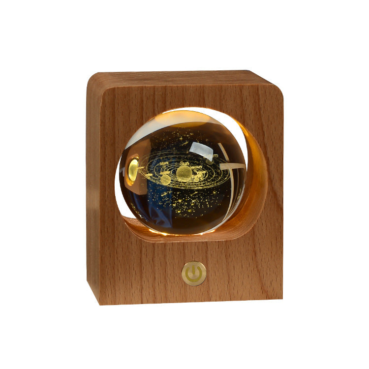 3D Laser-Engraved Crystal Ball Night Light | 6cm | Beech Base | USB & Built-In Battery | Stepless Dimming | Touch Switch | 8 Designs | Bedroom, Desk & Gift Decor