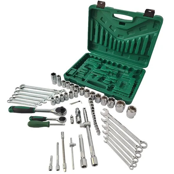61-Piece Mechanics Socket Tool Set | 1/4" & 1/2" Drive, 90-Tooth Ratchet, Chrome Vanadium, Auto Repair