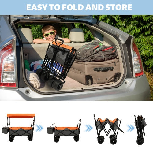 480 lbs Collapsible Wagon with Canopy & Mosquito Net | 7" All-Terrain Wheels, Foldable, Camping & Garden