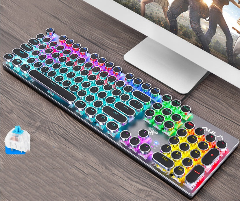 Steampunk Mechanical Gaming Keyboard | 104 Keys | Green Switch | Metal Panel | Gold-Plated Keycaps | USB | Black Blue & White Blue