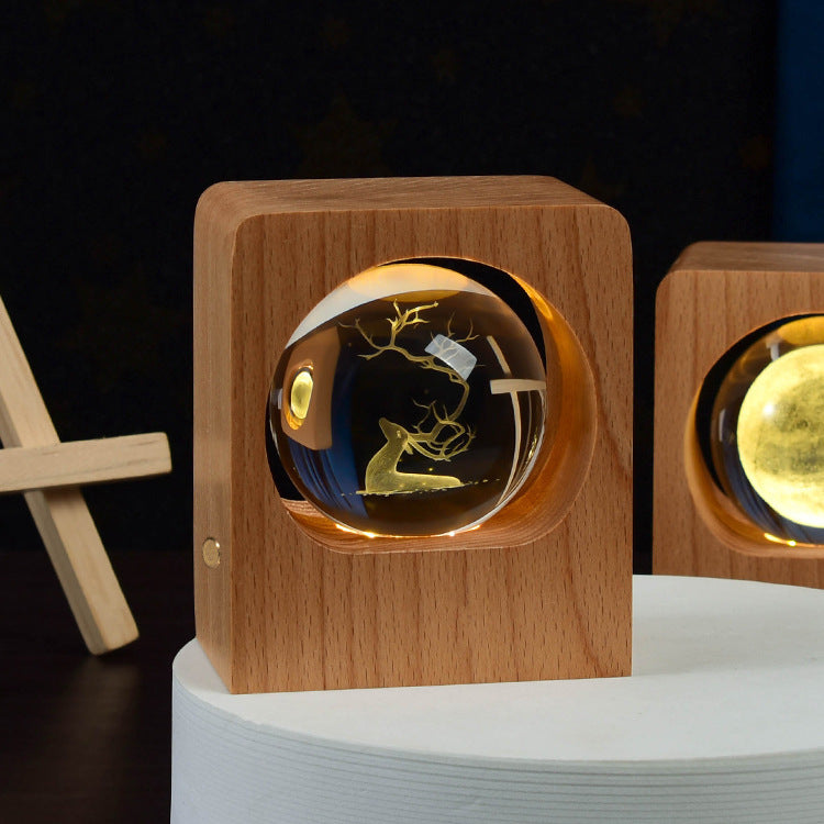 3D Laser-Engraved Crystal Ball Night Light | 6cm | Beech Base | USB & Built-In Battery | Stepless Dimming | Touch Switch | 8 Designs | Bedroom, Desk & Gift Decor