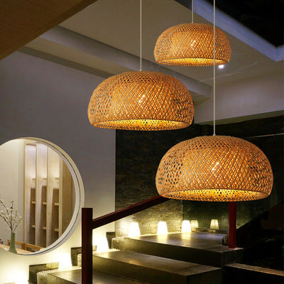 Natural Bamboo Woven E27 Pendant Chandelier | 180×300mm | Universal Voltage | Warm White LED Included | Japanese Wabi-Sabi Style | Restaurant, Tea Room & Home | Brown