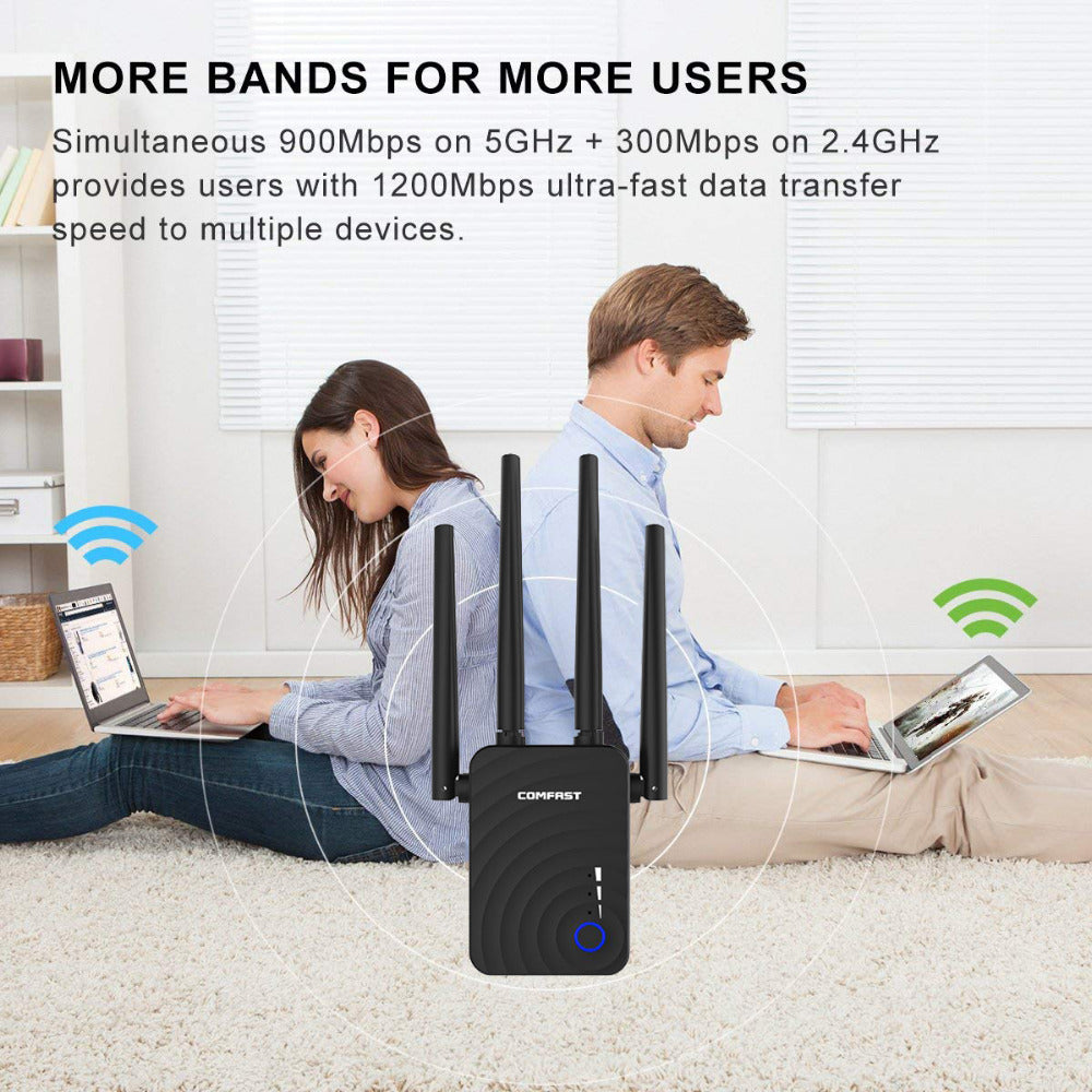 AC1200 Dual-Band WiFi Range Extender | 1200Mbps | 2.4G & 5G | Repeater Router Access Point | 4 Antennas