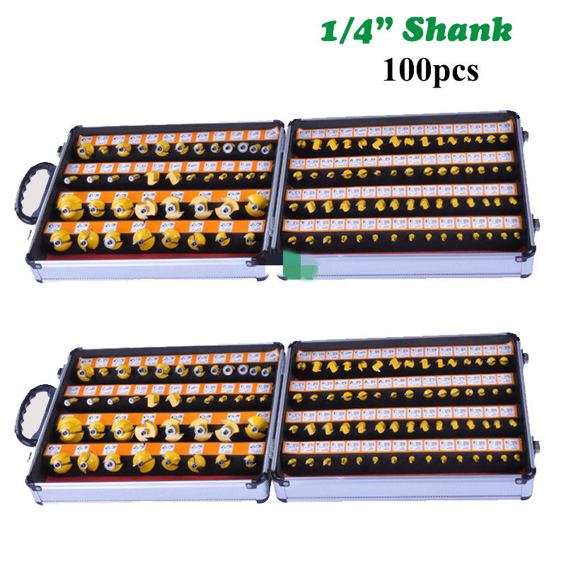 100-Piece 1/4" Shank Carbide Router Bit Set | Coated Woodworking Milling Cutters, Aluminum Storage Box