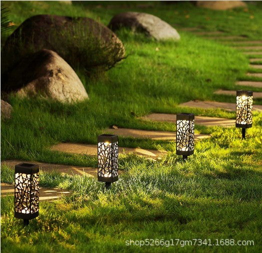 Solar Garden Pathway Stake Lights | Hollow-Carved Shell | 2LM | 3000K & Cool White | 300mAh | 4–10hr Runtime | Auto Dusk-to-Dawn | Waterproof | 6×6×28.5cm | 1–12pc Packs