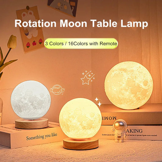 3D Rotating Moon Lamp | PLA + Oak Base | Remote & Touch Control | 3 Colour Modes | 360° Rotation | USB | 12cm, 15cm & 18cm | Home, Bedroom & Gift