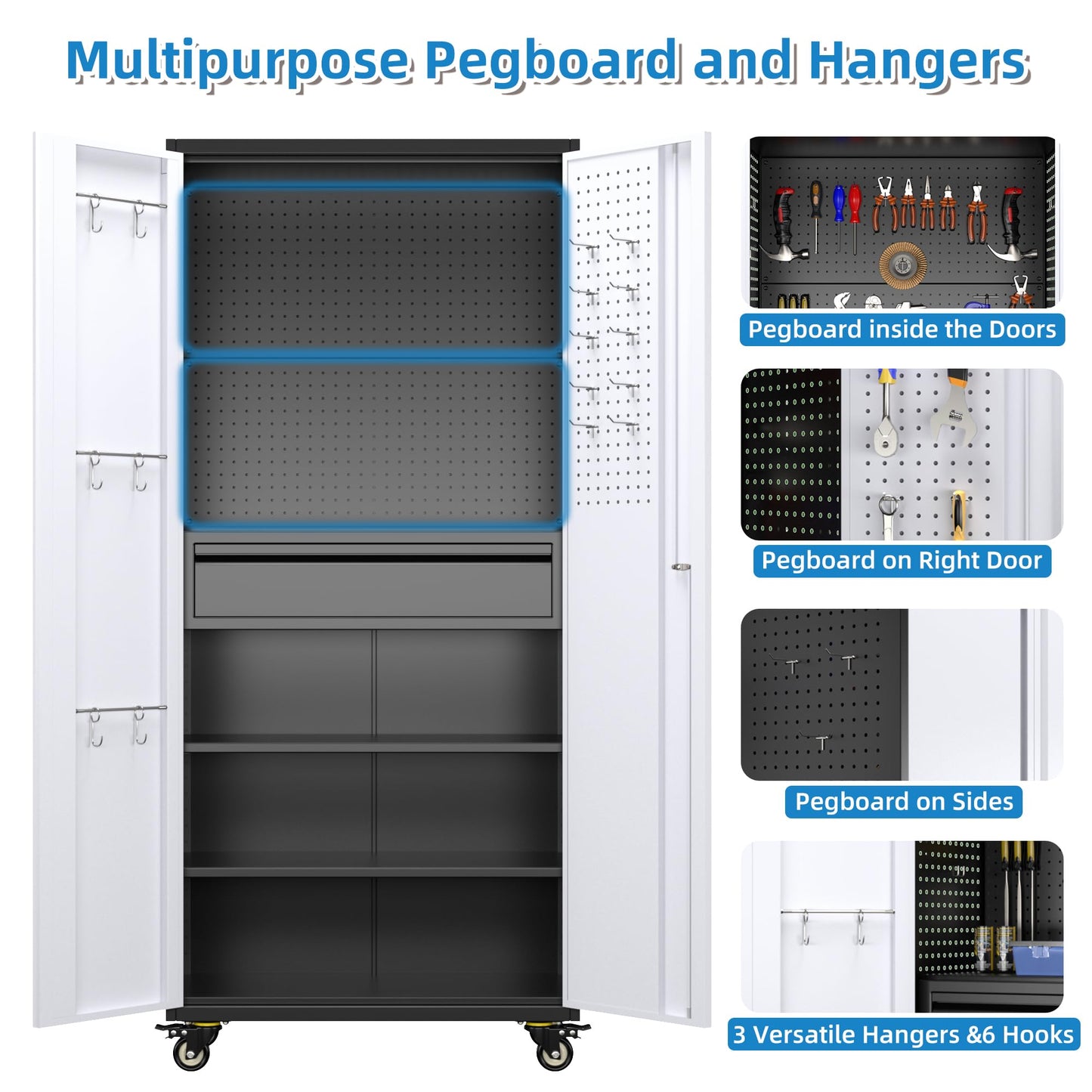 METHANE 71" Lockable Steel Tool Cabinet on Wheels | 5 Pegboards, 1 Drawer, 2 Shelves, Garage & Warehouse