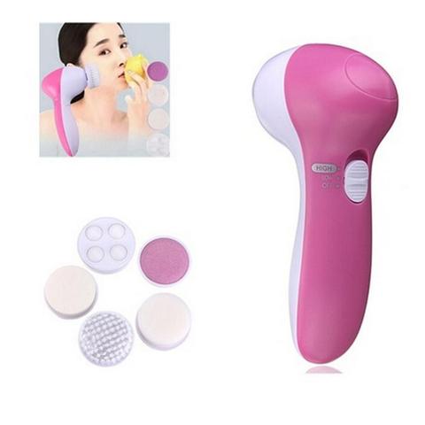 Electric Facial Cleansing Brush & Massager | 2-Speed | 5 Attachments | 2×AA Battery | 130×70×48mm | Exfoliate, Cleanse & Massage | Blue & Pink | 1pc, 2pc & 3pc
