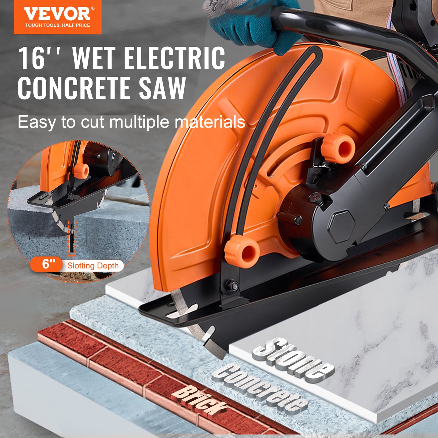 VEVOR 16" Electric Concrete Circular Saw | 3200W, 15A, 6" Cutting Depth, Wet Saw, Water Pump & Blade Included