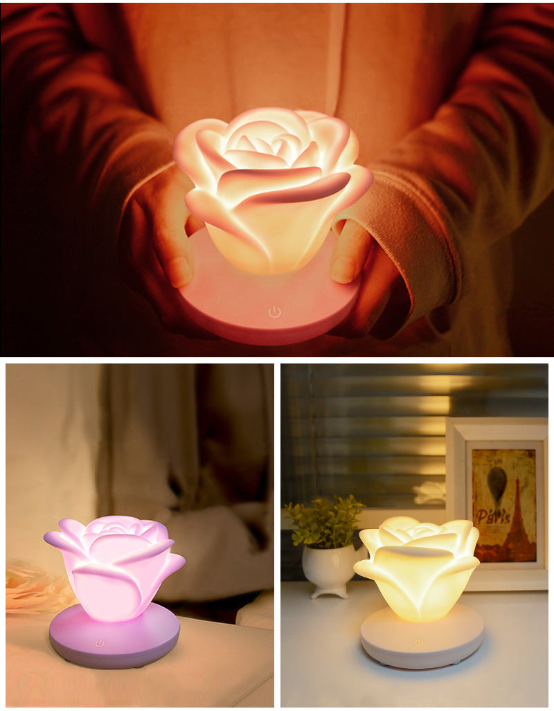 Mini Rose Night Light | 8 LED | 3-Speed Touch Dimming | 1200mAh USB Rechargeable | Soft PVC Petals | 10×10×9.6cm | 8hr Battery | Blue, Pink, Purple & White