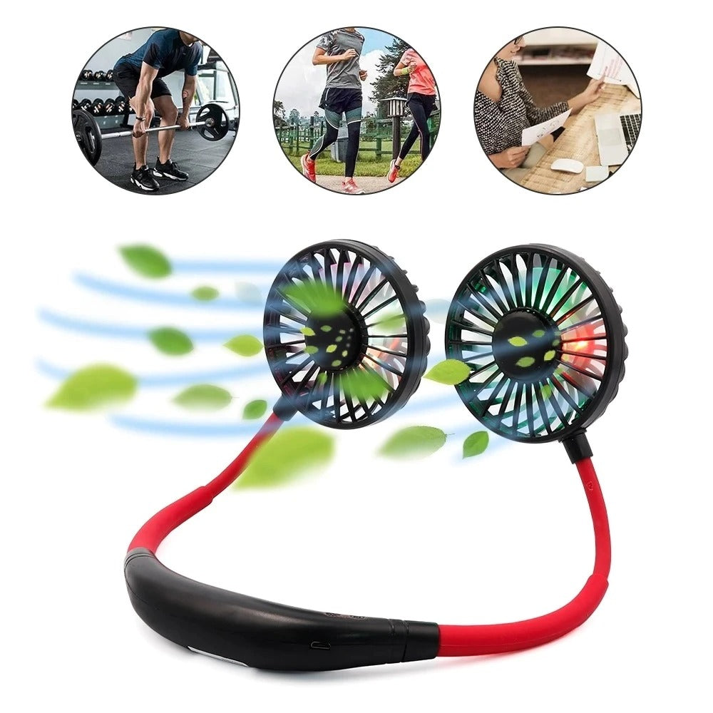 Portable Neck Fan | 2,000mAh | USB Rechargeable | 3 Speeds | 7-Blade Double Head | 360° Adjustable | 5hr Battery | LED Light | Desktop & Neck Use | Sports, Office & Outdoor