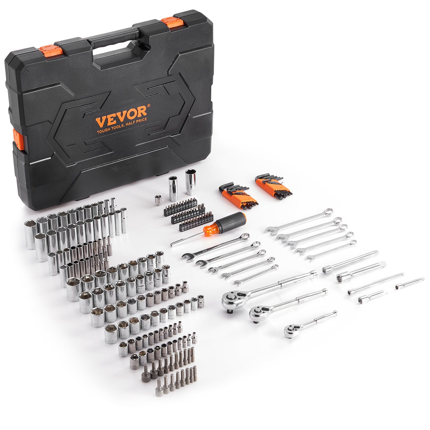 VEVOR 205-Piece Mechanics Tool Set | 1/4" 3/8" 1/2" Drive, SAE & Metric Sockets, Wrenches & Storage Case
