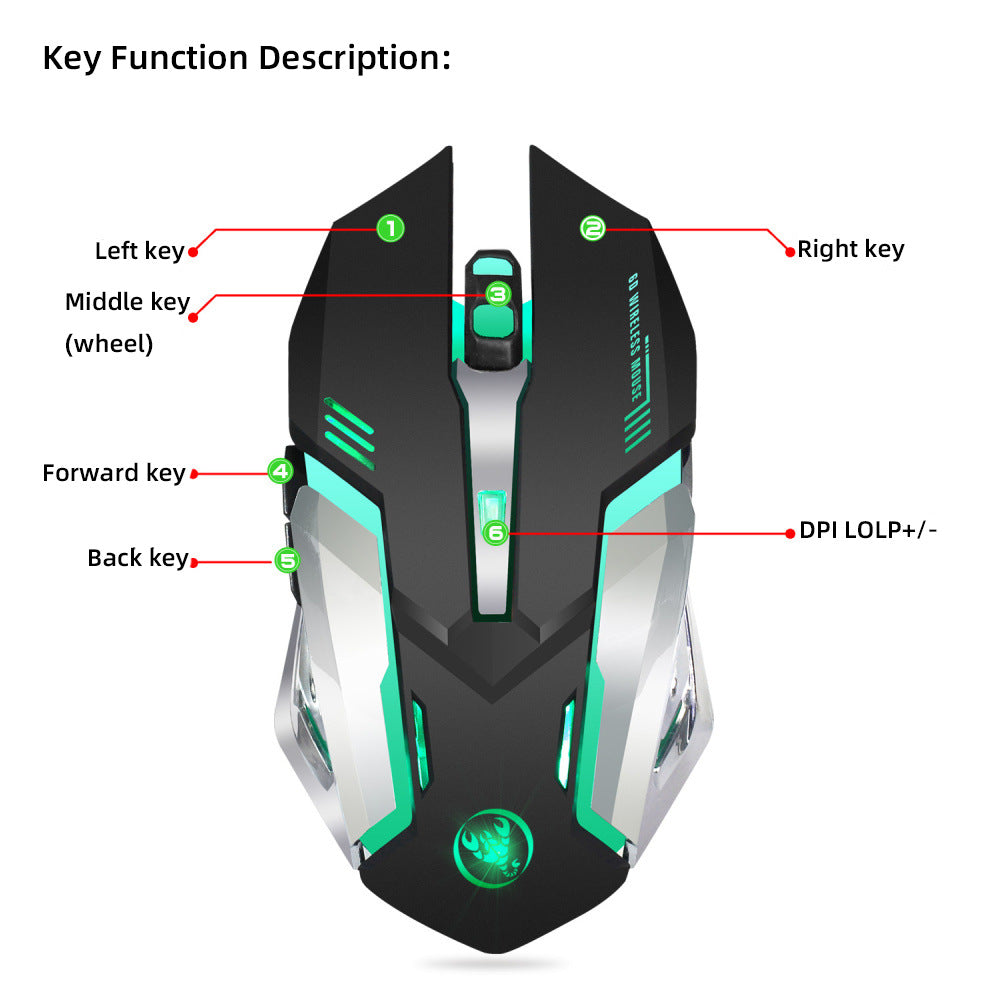 2.4GHz Wireless RGB Gaming Mouse | 2400 DPI | 4-Level Adjustable | 6 Buttons | 4-Way Scroll | Ergonomic | 10m Range | Black