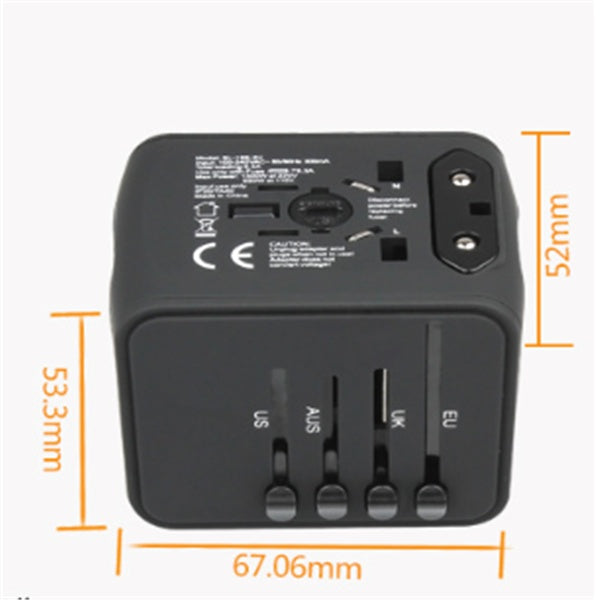Universal Travel Adapter with USB Charging | 170+ Countries | 100–250V | 1500W | 5V/3.7A USB | CE/RoHS/FCC | 66×53×52mm | Black, Blue & Green