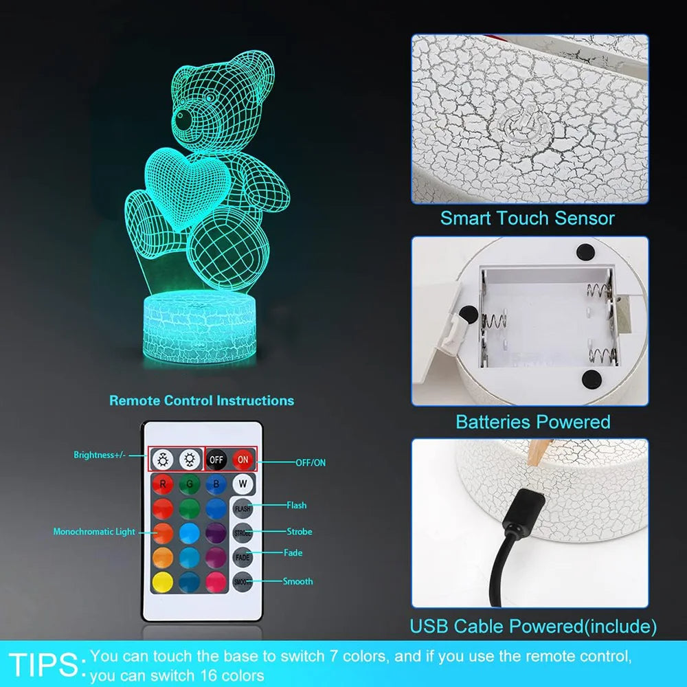 3D Acrylic LED Teddy Bear Night Light | 16 RGB | Remote & Touch | USB & Battery | 85×85×37mm | 100,000hr | Bedroom, Kids & Gift | Christmas, Birthday & Valentine’s
