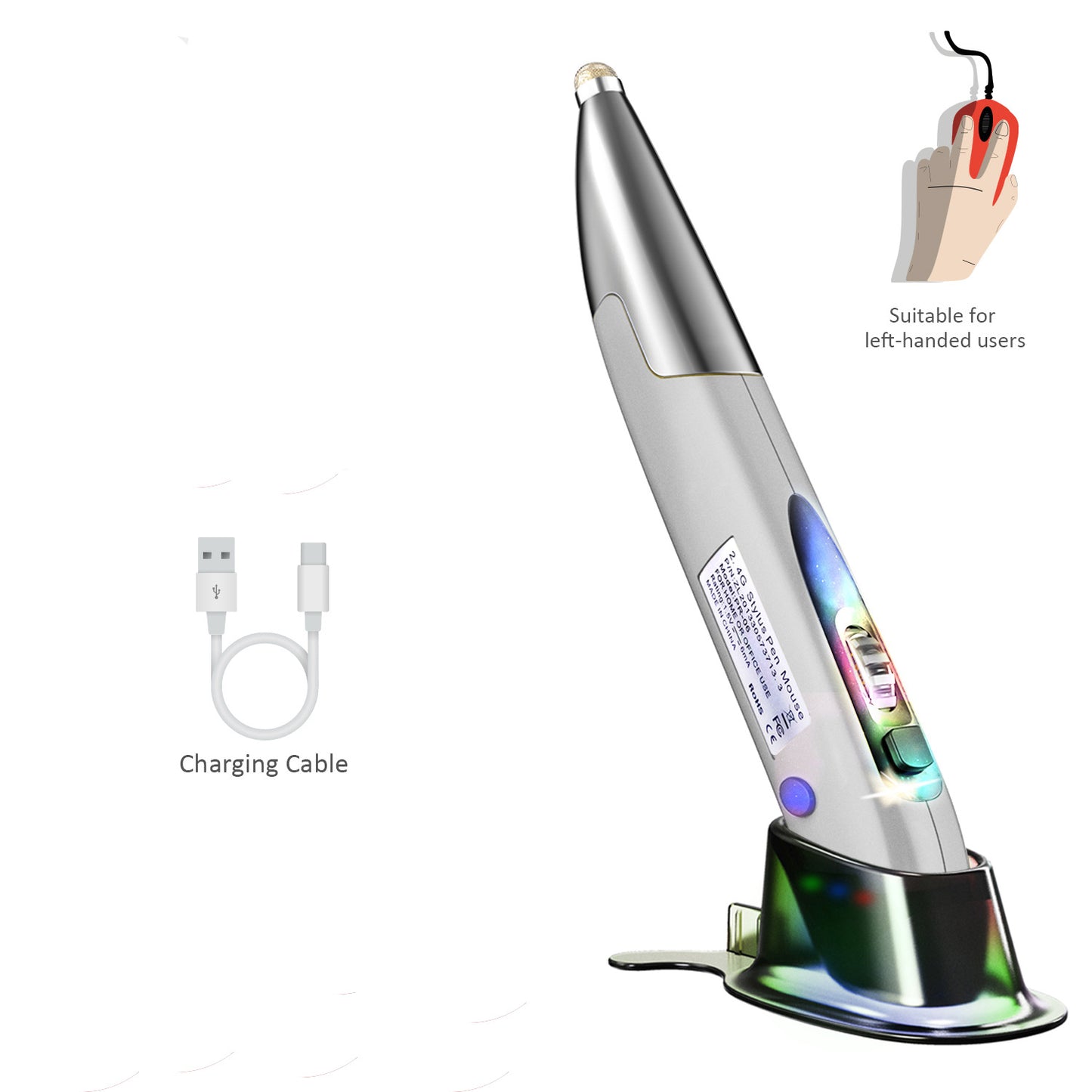 2.4GHz Wireless Pen Mouse | 1600DPI, 4-Button, Ergonomic Pen Grip, NANO Receiver | Pink, Silver & Yellow