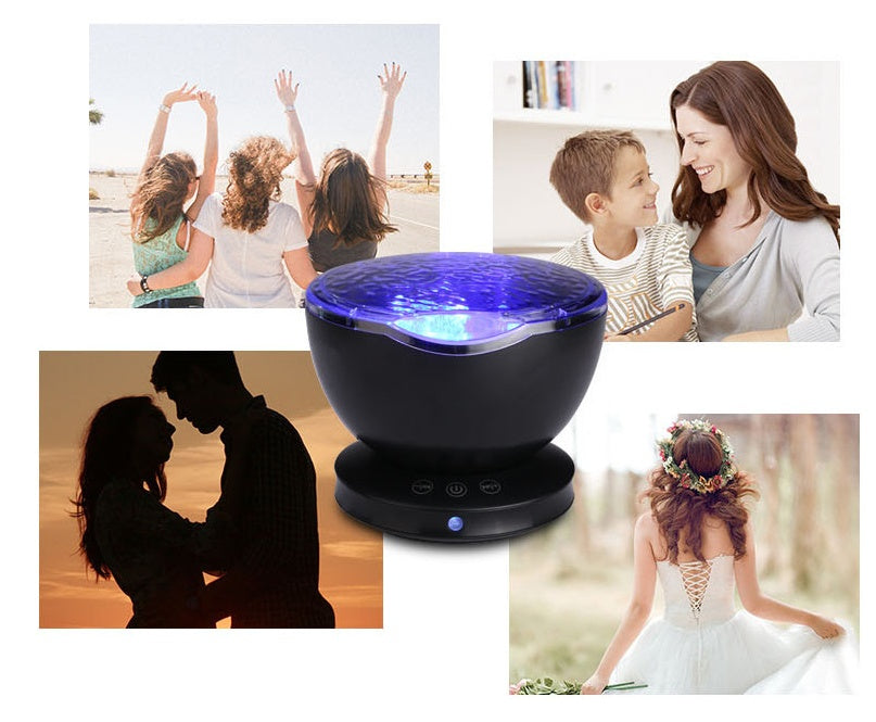 Ocean Wave Projector Night Light | Built-In Speaker | Remote & TF Card | USB & Battery | Aurora Projection | Black & White