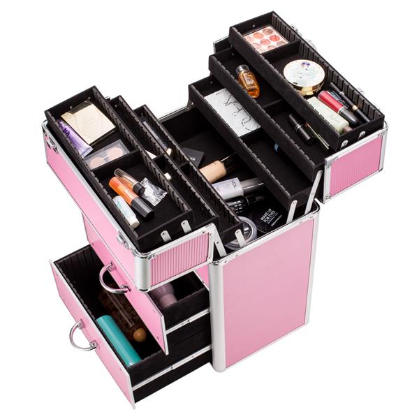 Professional Aluminum Makeup Train Case | 9 Drawers, Lockable, Adjustable Handle, Travel MUA Case, Pink