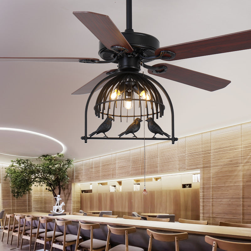 Retro Industrial Birdcage Ceiling Fan with Light | 5 Wood Blades, 70-100W, 3-Speed, Reverse, Remote, 220V