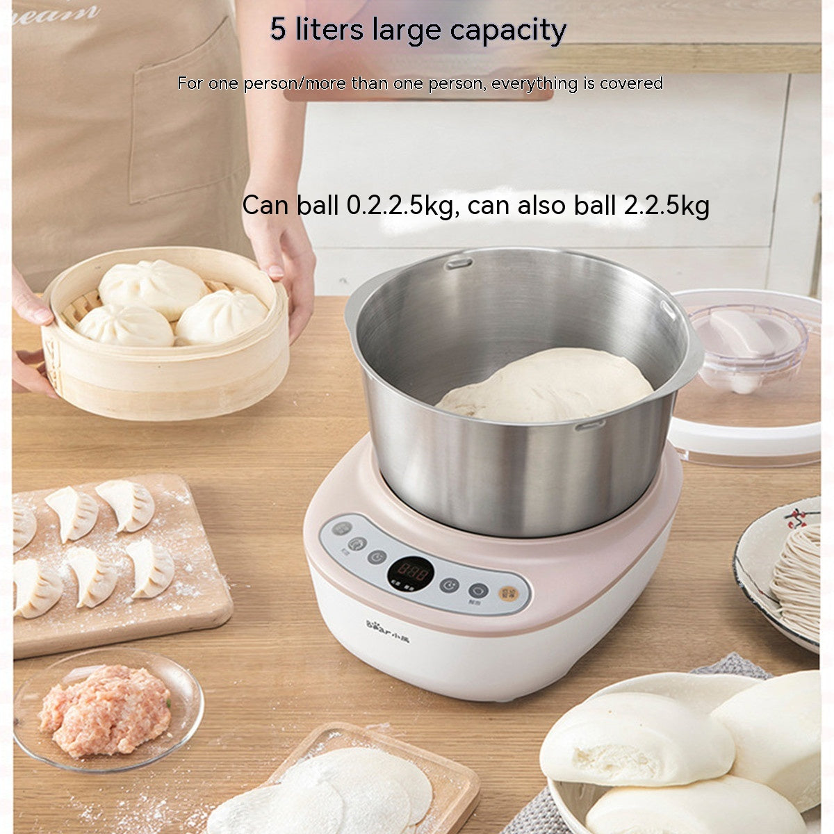 HMJ-A50B1 5L Stainless Steel Fully Automatic Dough Mixer & Noodle Maker | 111-240V, Silver, 220V & US Plug