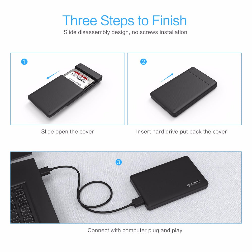ORICO 2577U3 USB 3.0 Hard Drive Enclosure | 2.5" SATA SSD & HDD, Tool-Free, 2TB | Windows, Mac & Linux | Black