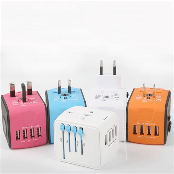 Universal Travel Adapter with USB Charging | 170+ Countries | 100–250V | 1500W | 5V/3.7A USB | CE/RoHS/FCC | 66×53×52mm | Black, Blue & Green