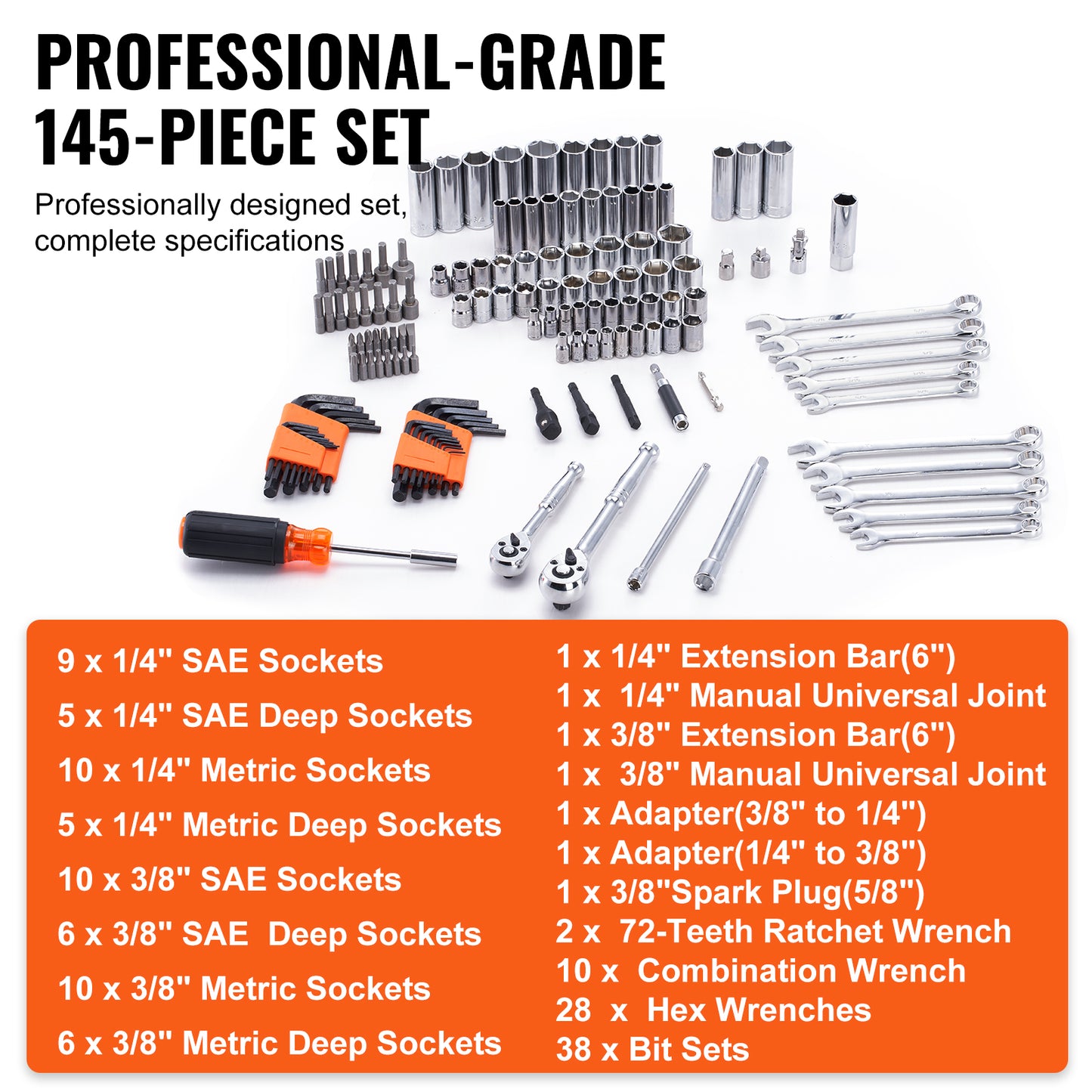 VEVOR 145-Piece Mechanics Tool Set | 1/4" & 3/8" Drive SAE & Metric Sockets, Wrenches & Storage Case