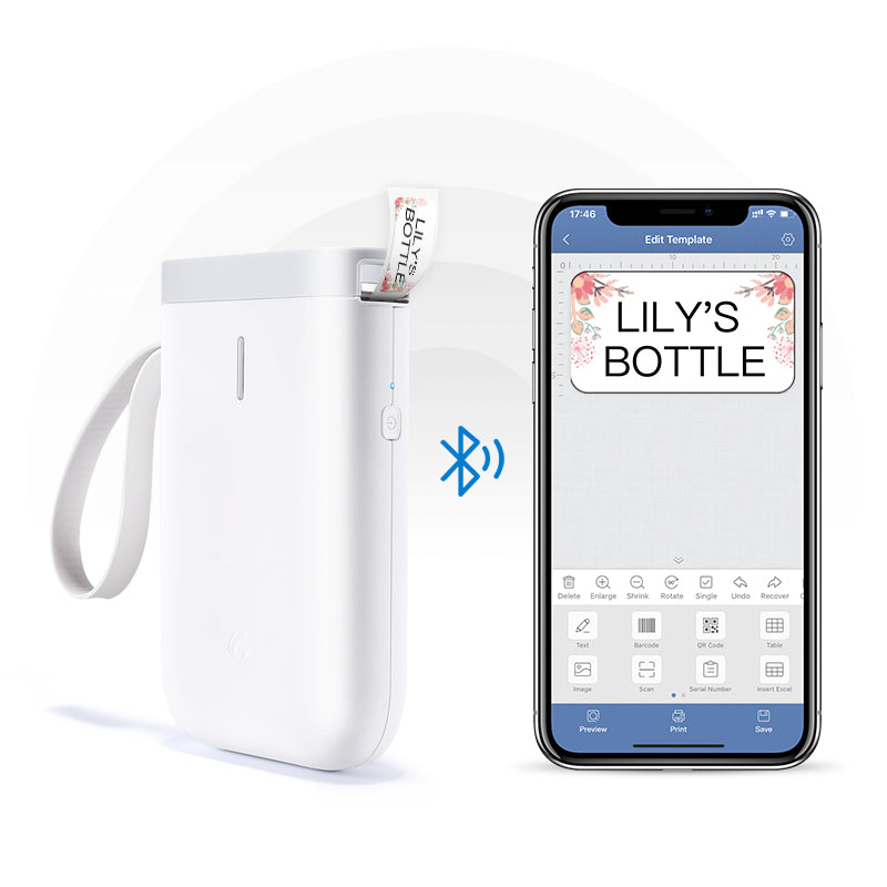 D11 Bluetooth Label Maker | Thermal | No Ink | 203 DPI | 1200mAh | iOS & Android App | QR Codes | Multi-Language | Black, Green, Pink & White