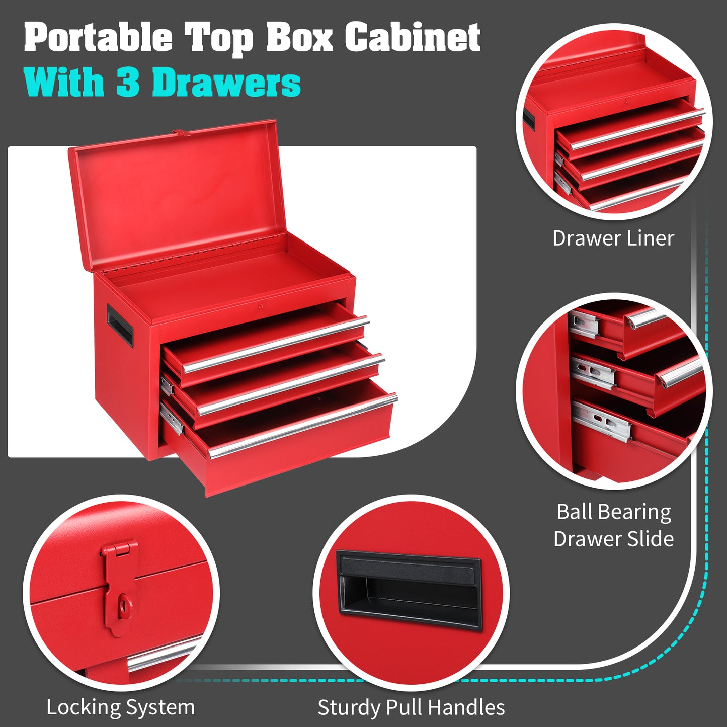 4-Drawer Lockable Steel Tool Cart & Cabinet Combo | 330 lbs, Rolling, 102cm Combined Height, Red