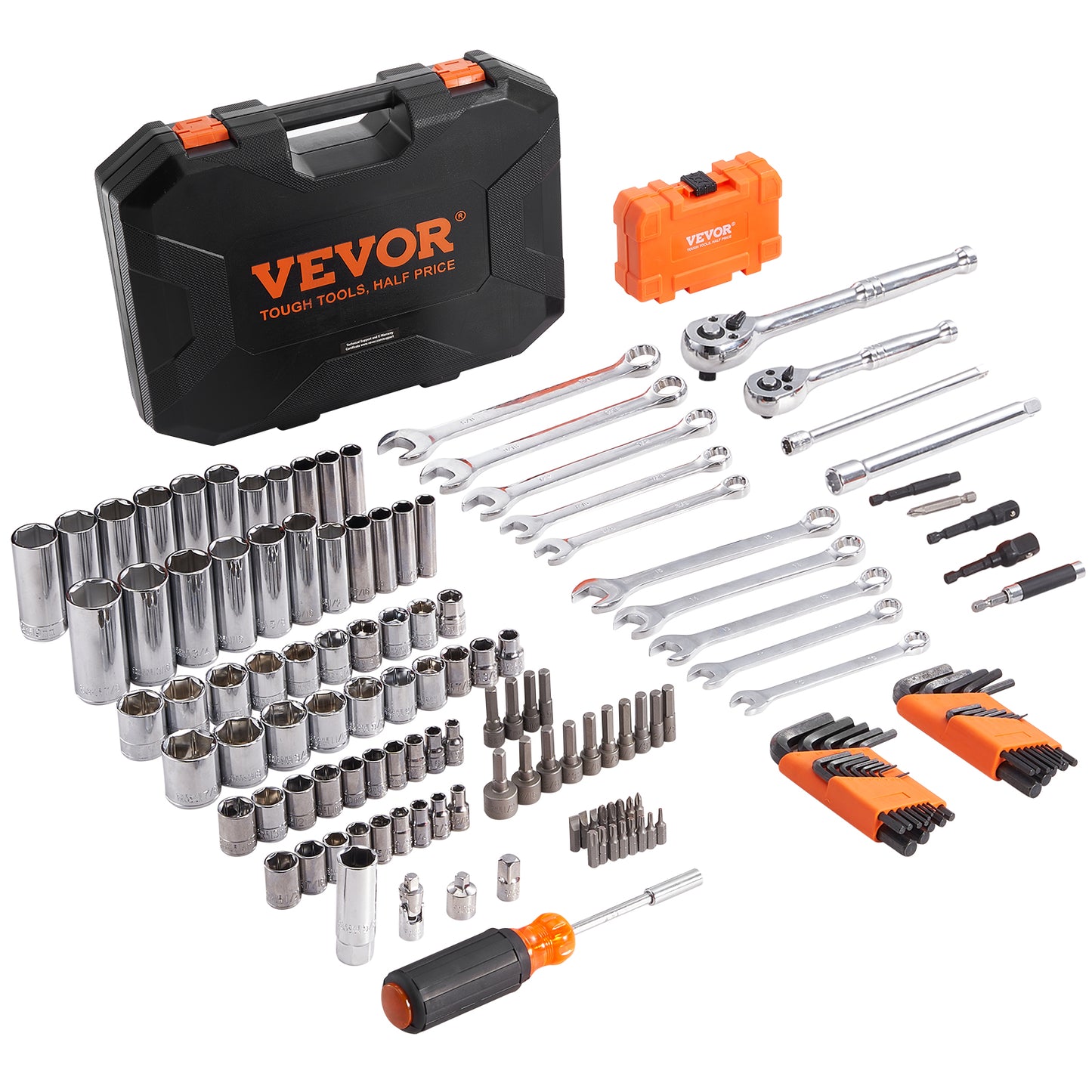 VEVOR 145-Piece Mechanics Tool Set | 1/4" & 3/8" Drive SAE & Metric Sockets, Wrenches & Storage Case