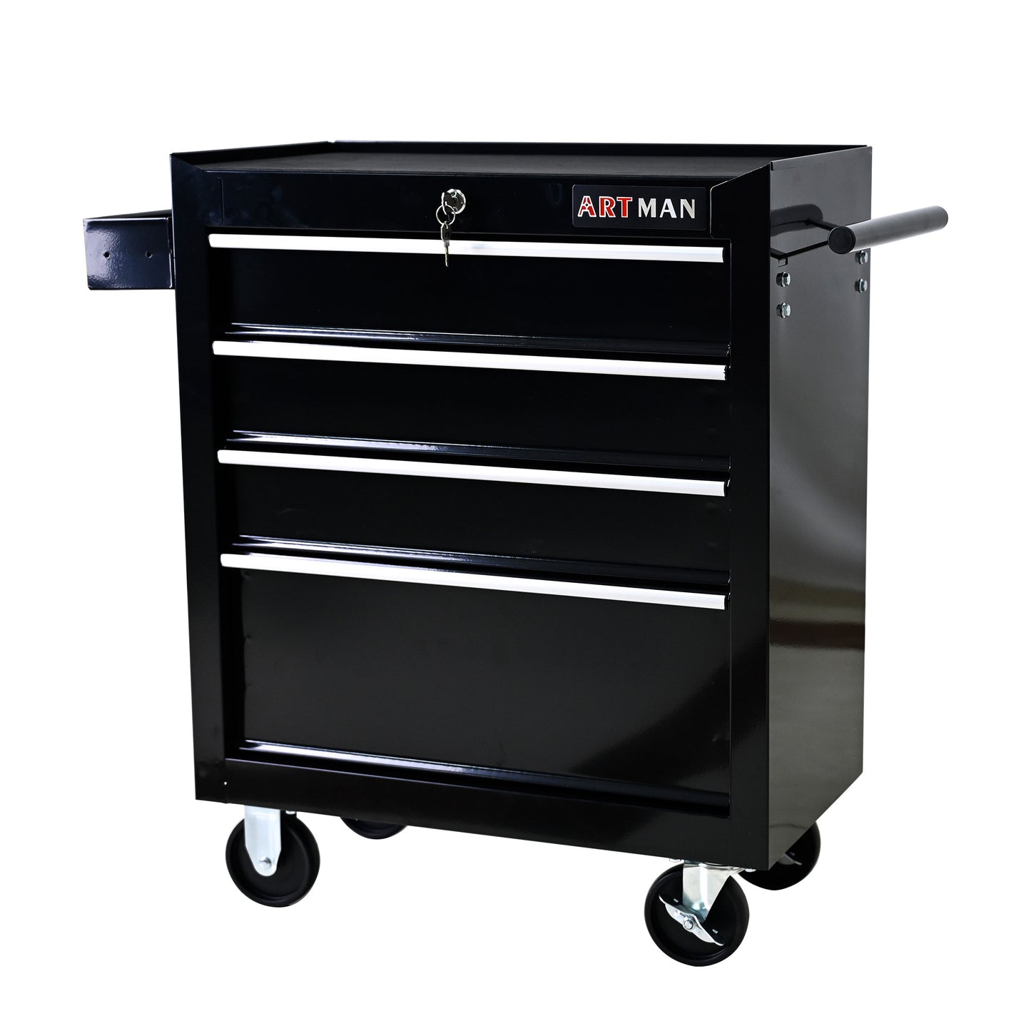 4-Drawer Multifunctional Tool Cart with Wheels | Lockable, Ball-Bearing Drawers, Powder-Coated Steel, Black