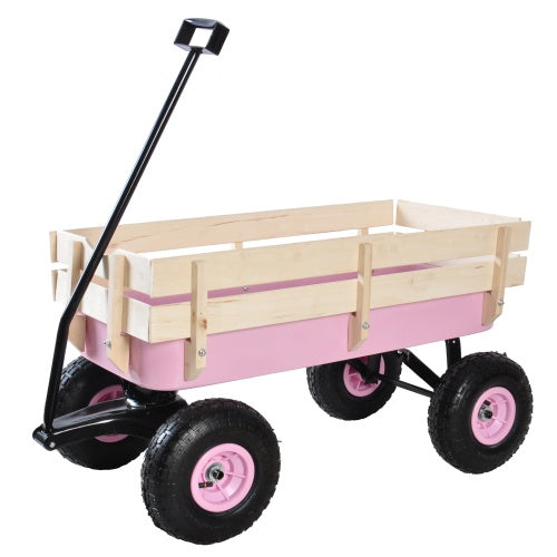 All-Terrain Garden Wagon Cart | 176 lbs, Wood Railing, 10" Air Tires, Foldable Handle, Blue/Pink/Red