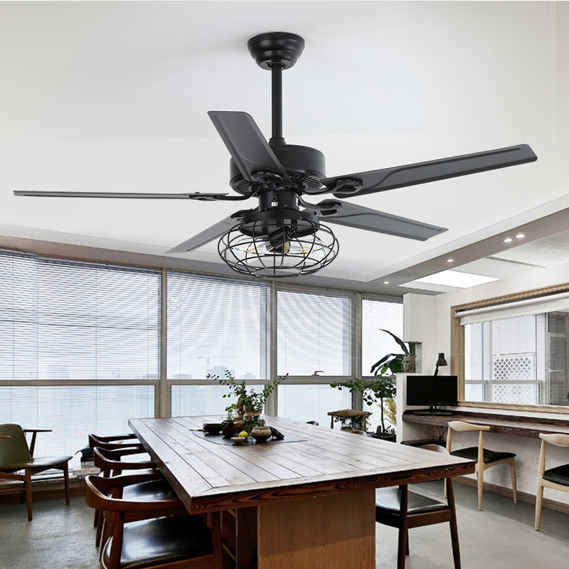 Retro Industrial Birdcage Ceiling Fan with Light | 5 Wood Blades, 70-100W, 3-Speed, Reverse, Remote, 220V