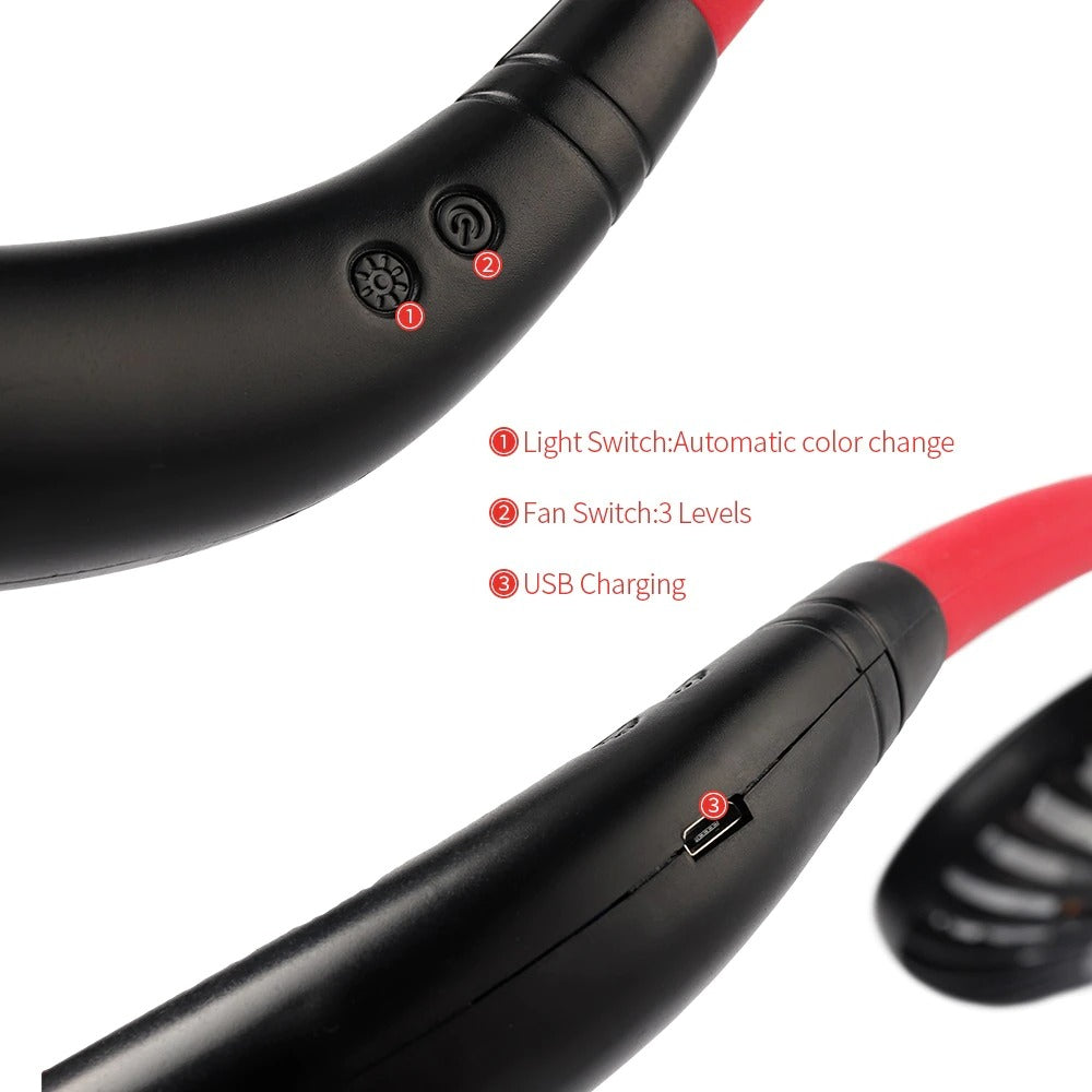 Portable Neck Fan | 2,000mAh | USB Rechargeable | 3 Speeds | 7-Blade Double Head | 360° Adjustable | 5hr Battery | LED Light | Desktop & Neck Use | Sports, Office & Outdoor