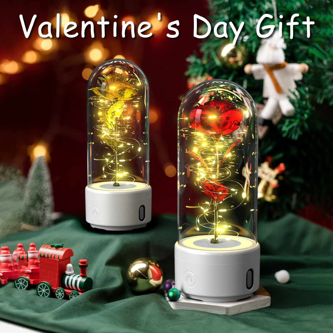 2-in-1 Eternal Rose LED Light & Bluetooth Speaker | Glass Dome | Handmade Preserved Flower | Copper Wire LED | HD Sound | Black & White Base | 5 Flower Colours | Valentine's & Gift