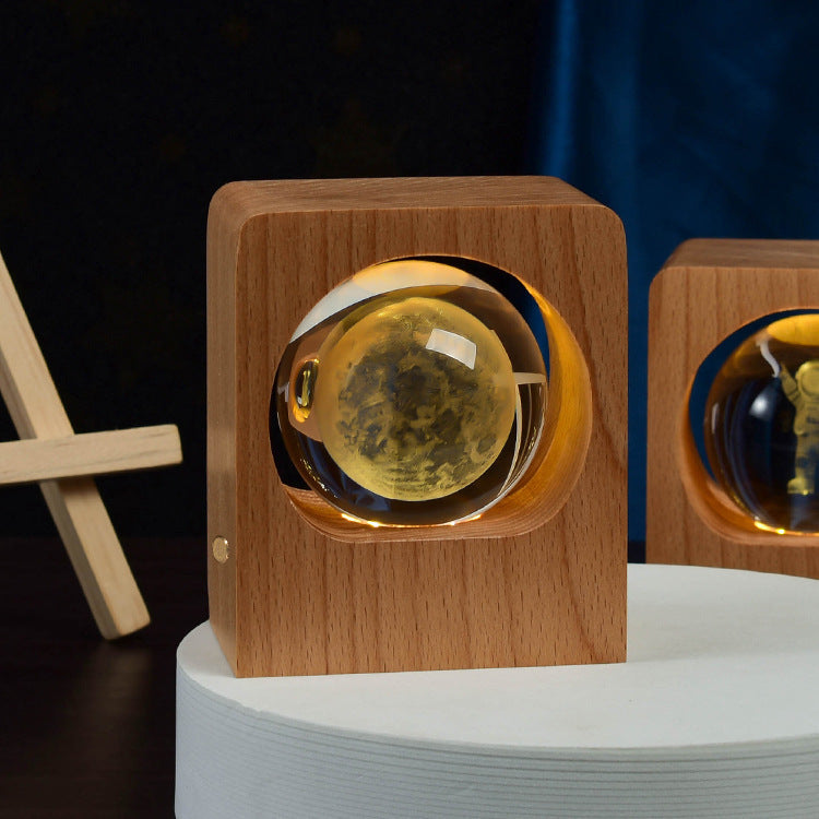 3D Laser-Engraved Crystal Ball Night Light | 6cm | Beech Base | USB & Built-In Battery | Stepless Dimming | Touch Switch | 8 Designs | Bedroom, Desk & Gift Decor